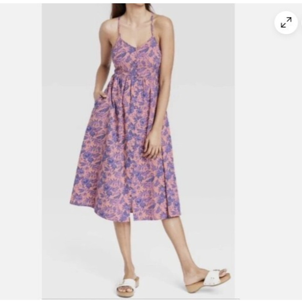 Universal Thread Orchid Floral Button Down Dress Tie Back Midi Sienna Blue XL